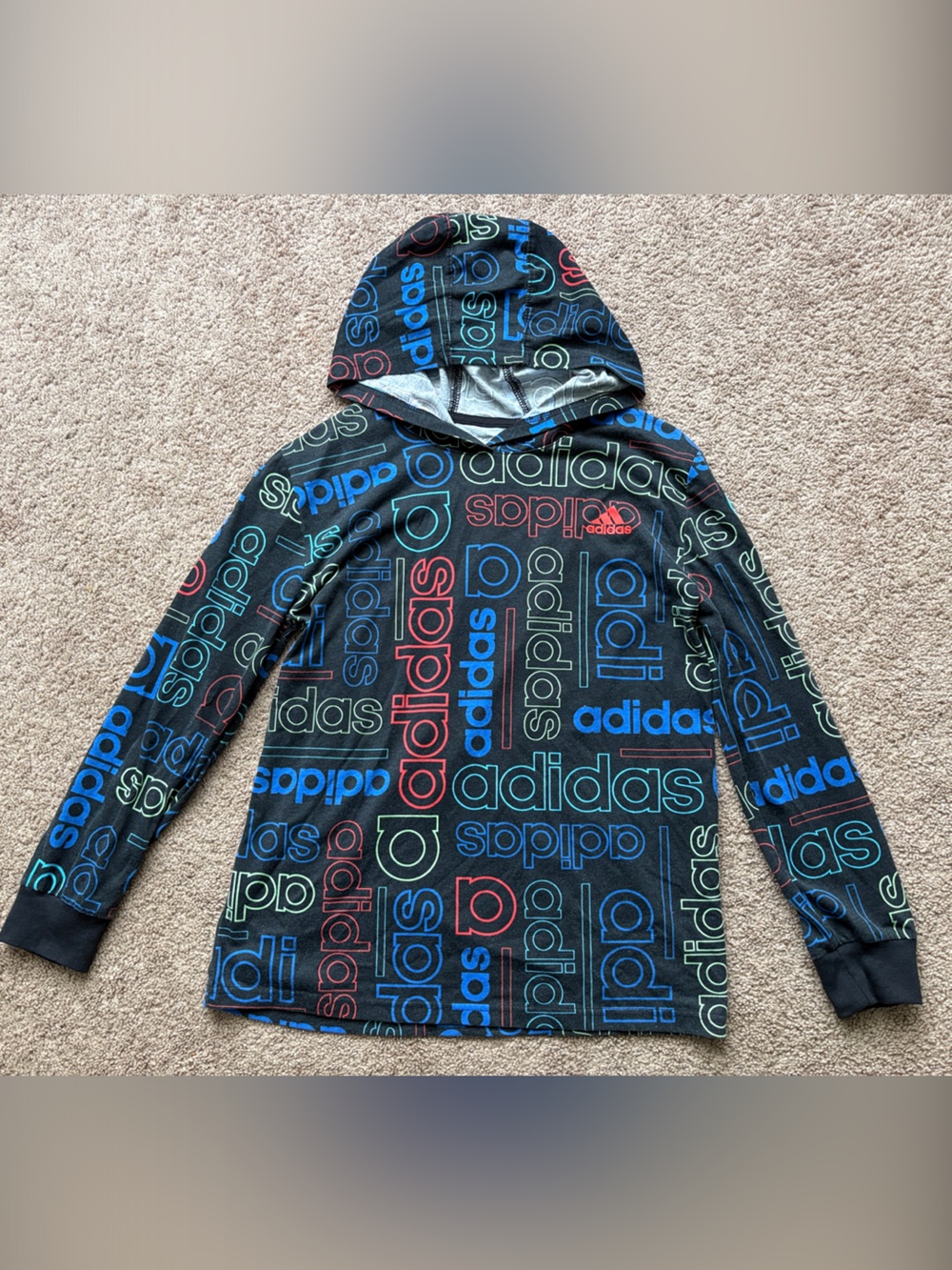 adidas Black Hooded Long Sleeve Tee with Multicolor Logo Print
